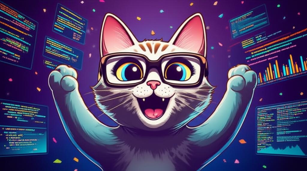 Excited cat with raised paws celebrating code success